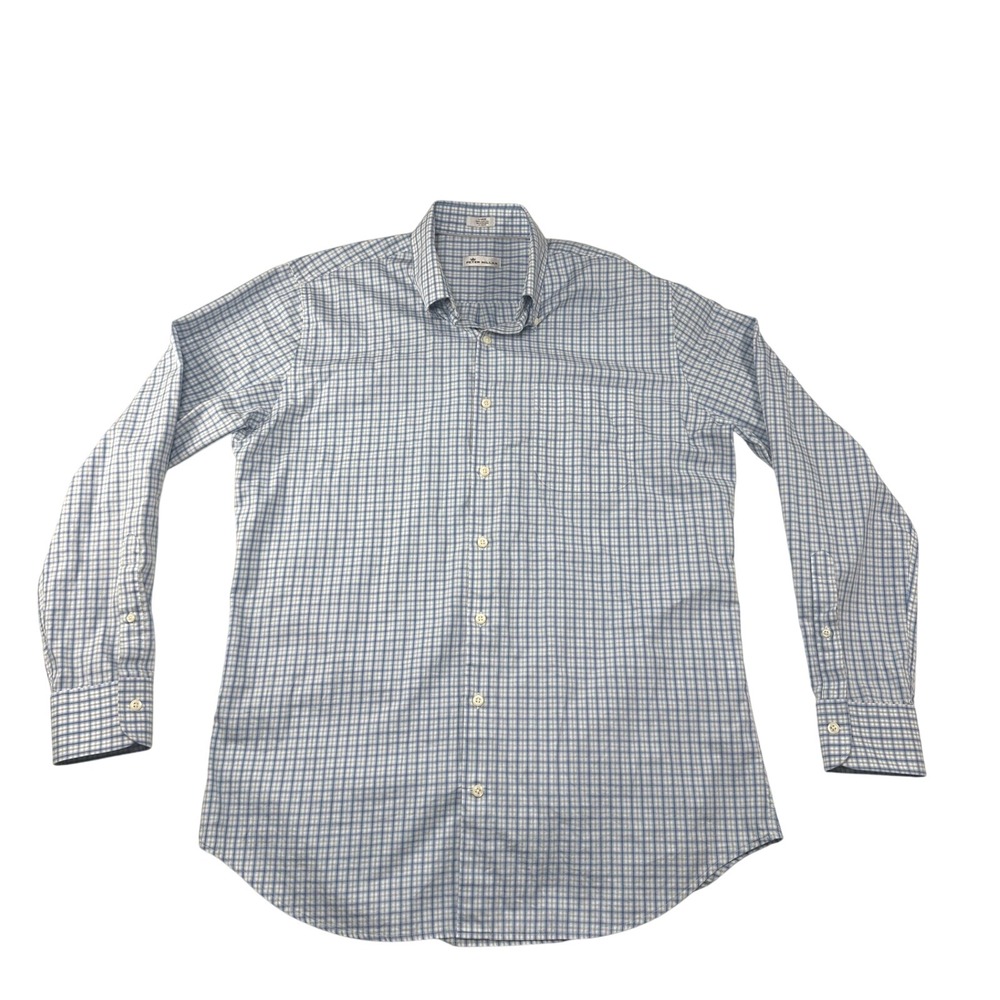 Peter Millar Mens Blue White Plaid Cotton Button Down‎ Shirt Large Long Sleeve